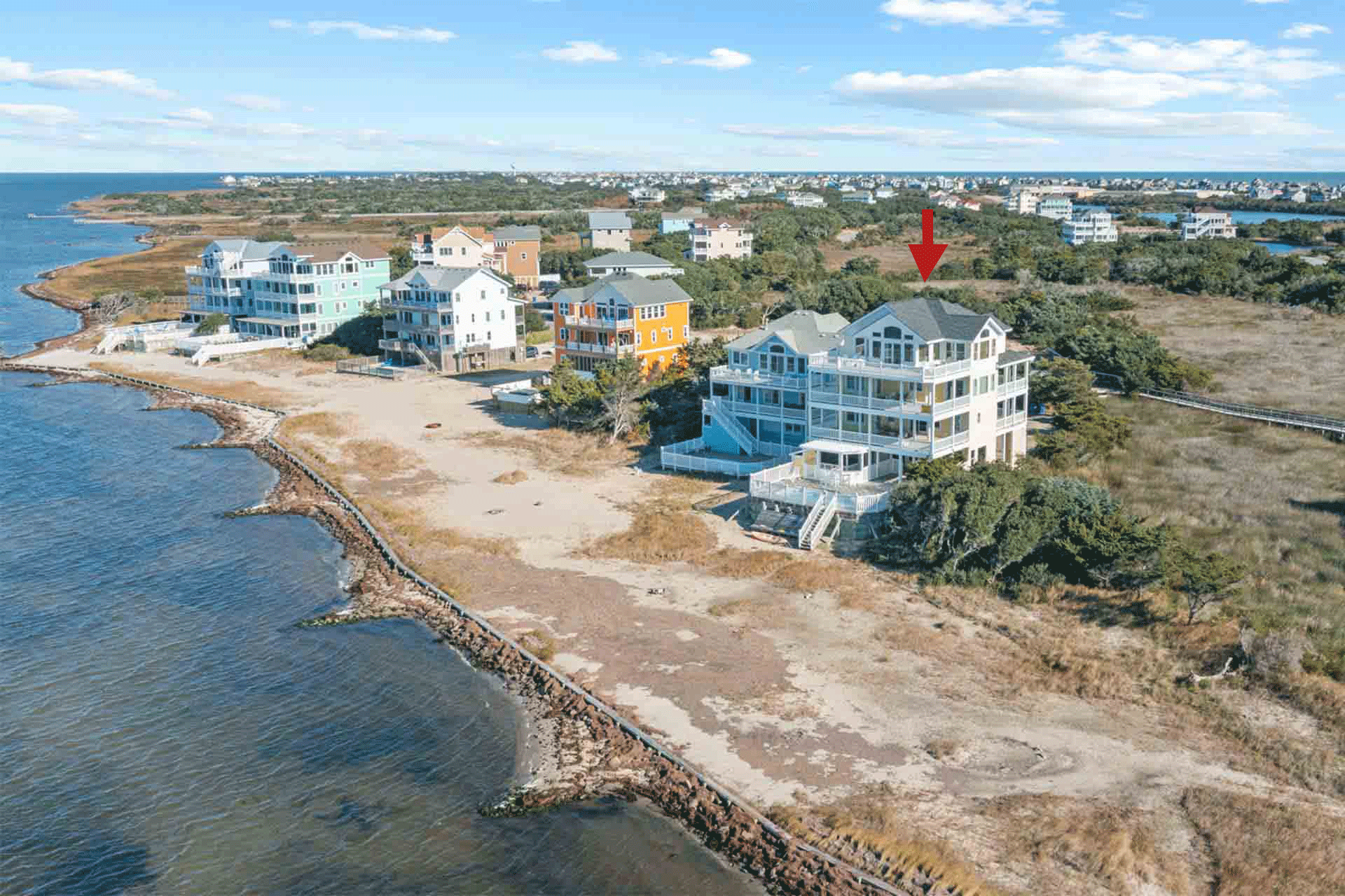 Surf Or Sound Realty 934 Privasea Beach Exterior Drone Image Back View With Ocean And Sound View Arrow 3360882